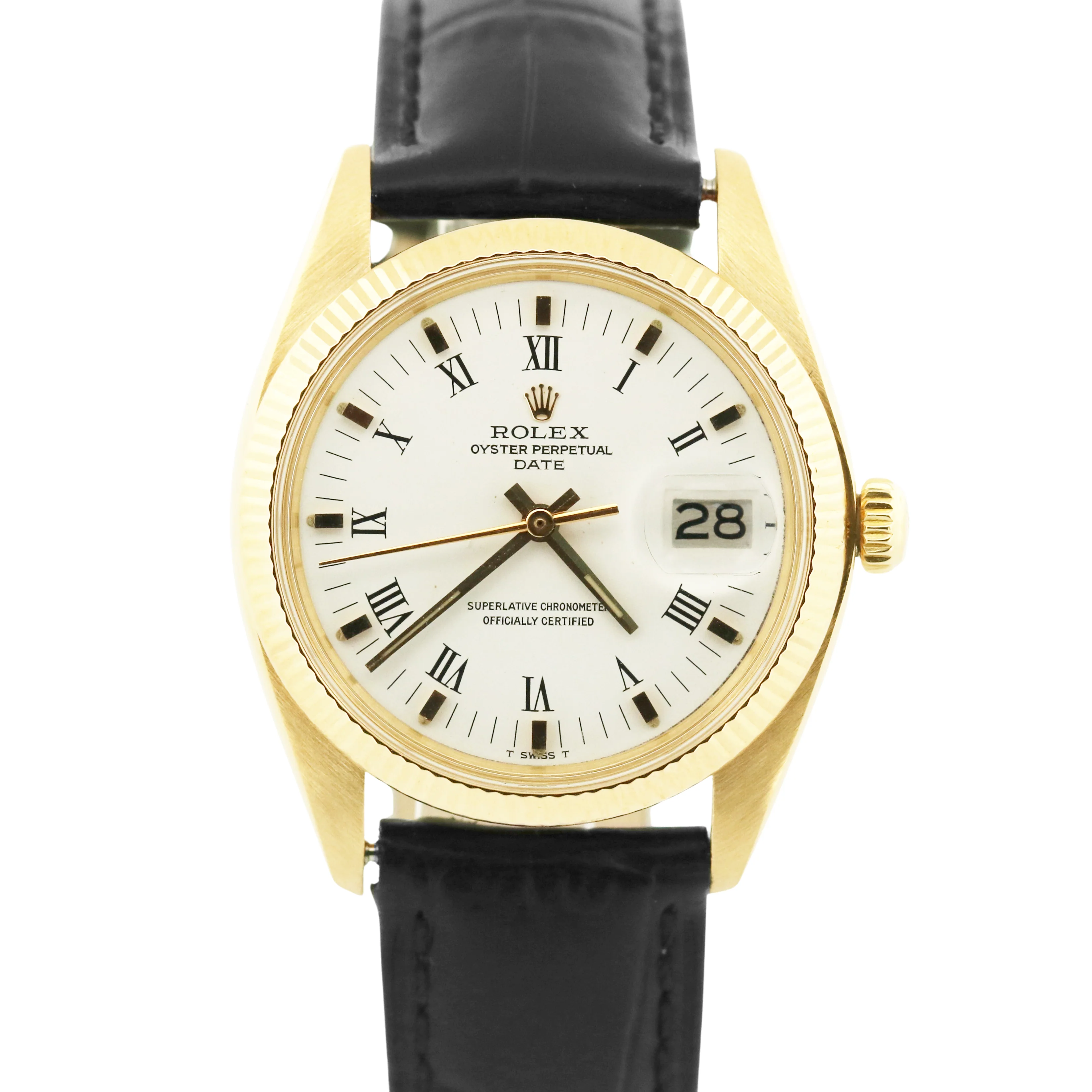 VINTAGE Rolex Oyster Perpetual Date 34mm WHITE BUCKLEY 18K Yellow Gold 1503