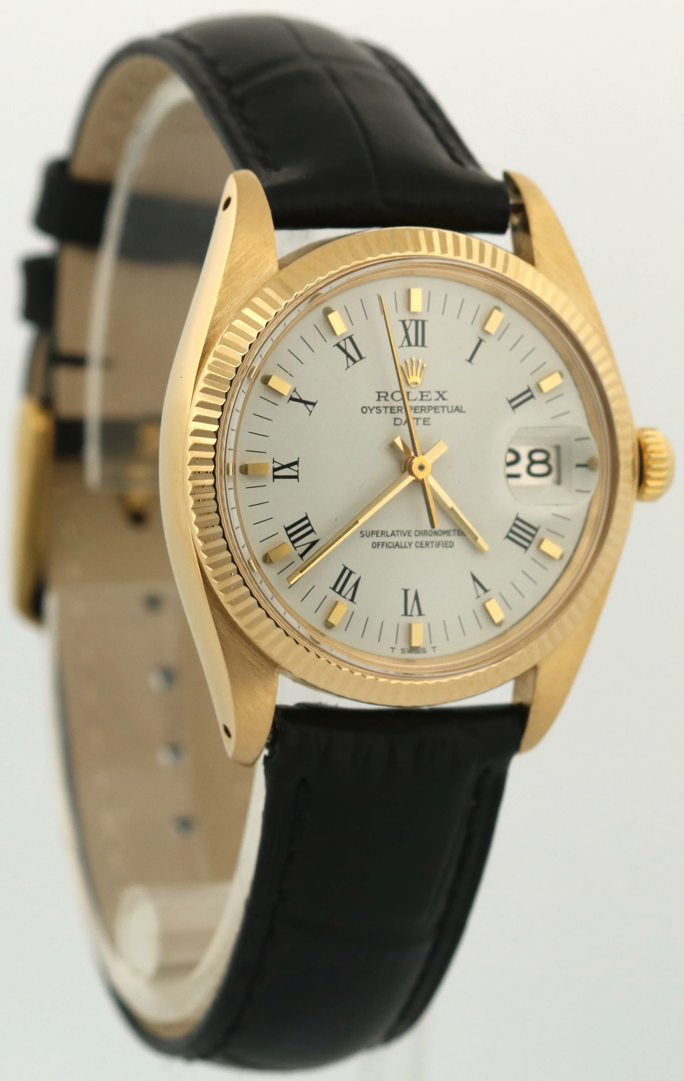 VINTAGE Rolex Oyster Perpetual Date 34mm WHITE BUCKLEY 18K Yellow Gold 1503 - Image 4