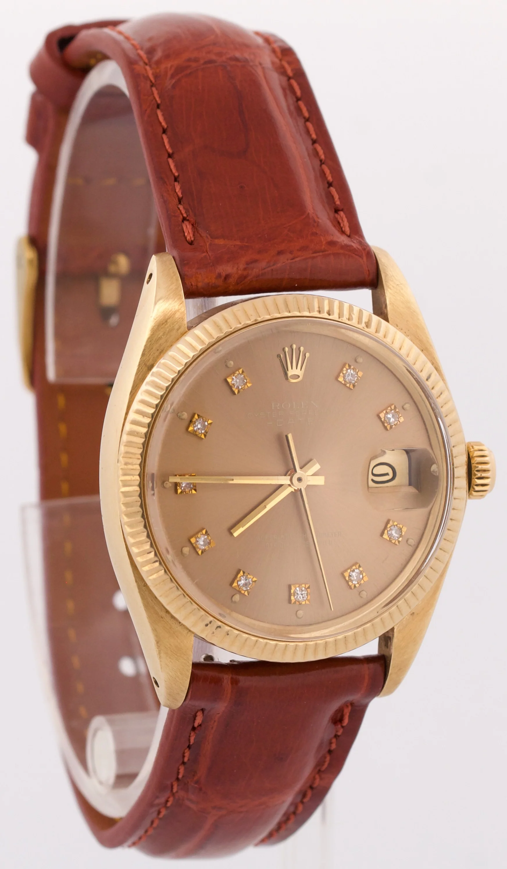 VINTAGE Rolex Oyster Perpetual Date TOBACCO DIAMOND 18K Yellow Gold 34mm 1501 - Image 4