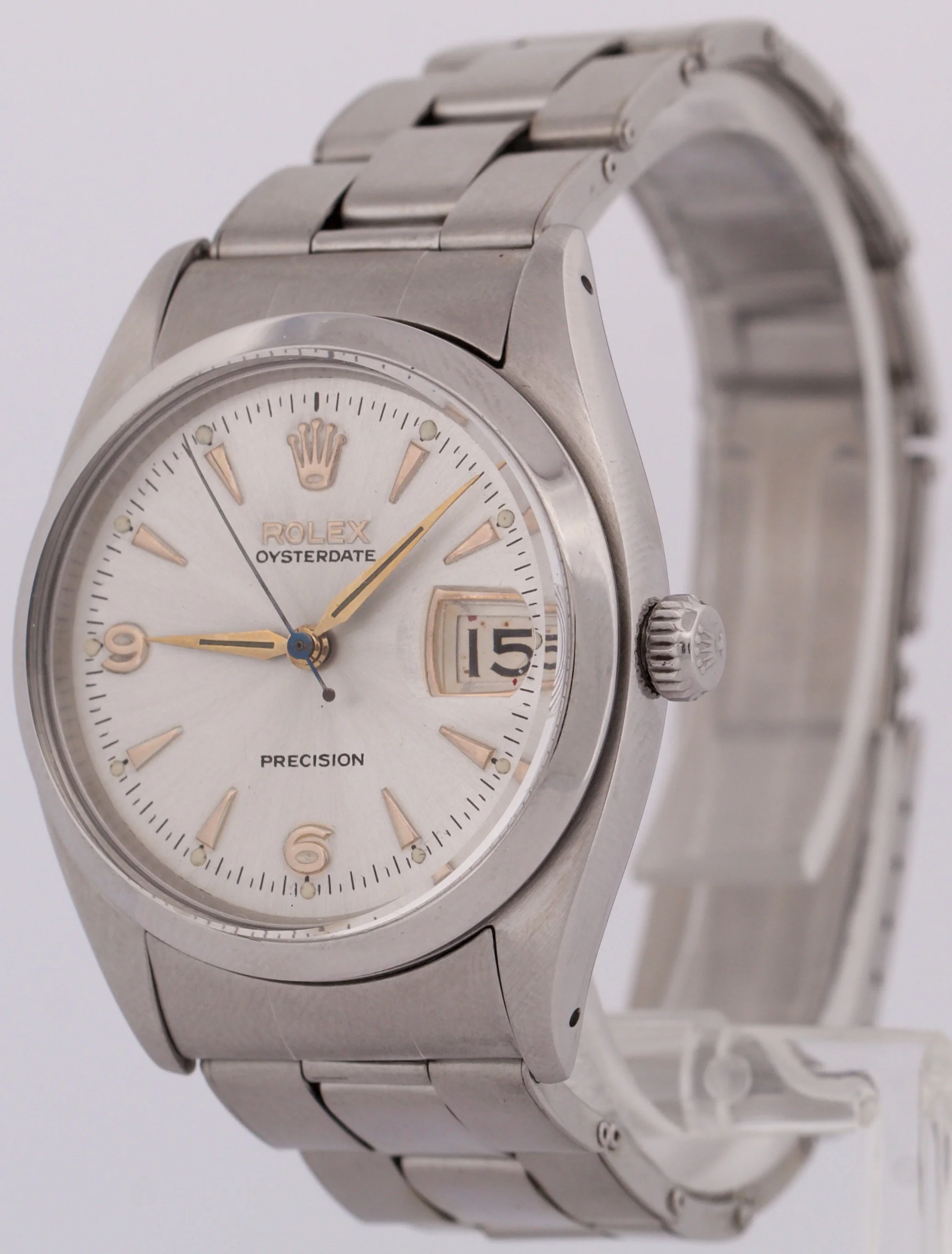 VINTAGE Rolex Oysterdate Precision PATINA SILVER Stainless Steel 34mm Watch 6494 - Image 3