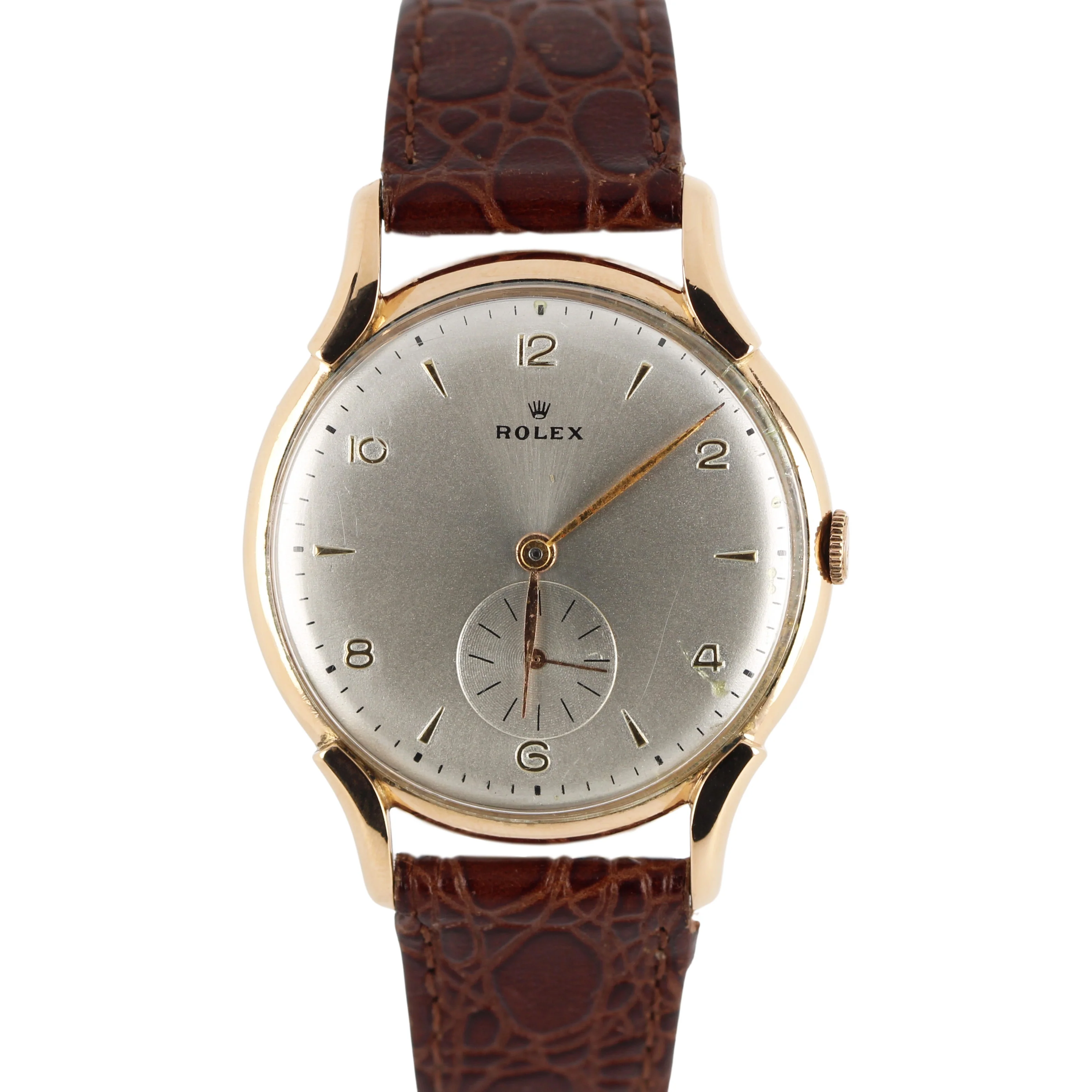 VINTAGE Rolex Precision 18k Rose Gold Silver 35mm Brown Leather Dress Watch