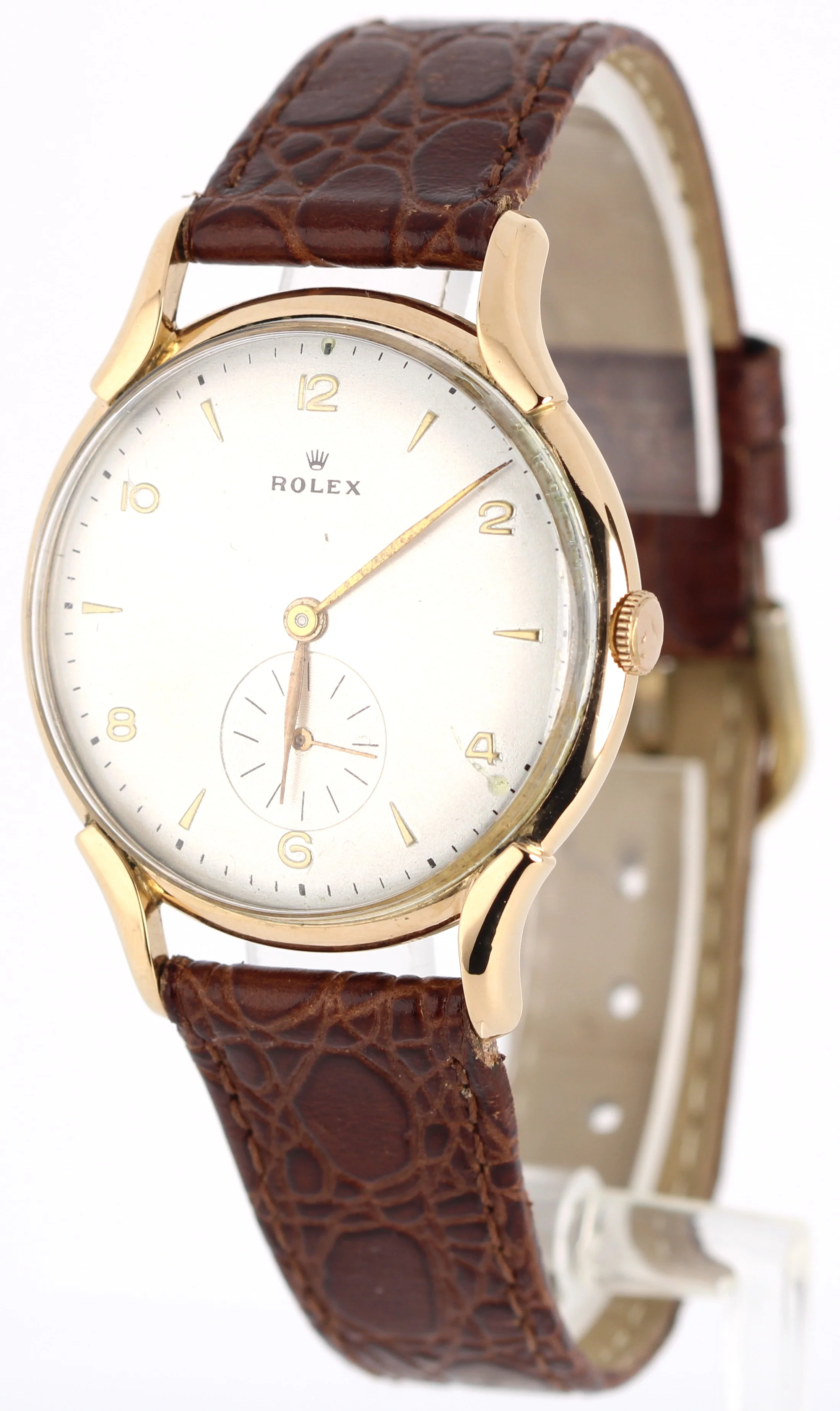 VINTAGE Rolex Precision 18k Rose Gold Silver 35mm Brown Leather Dress Watch - Image 3