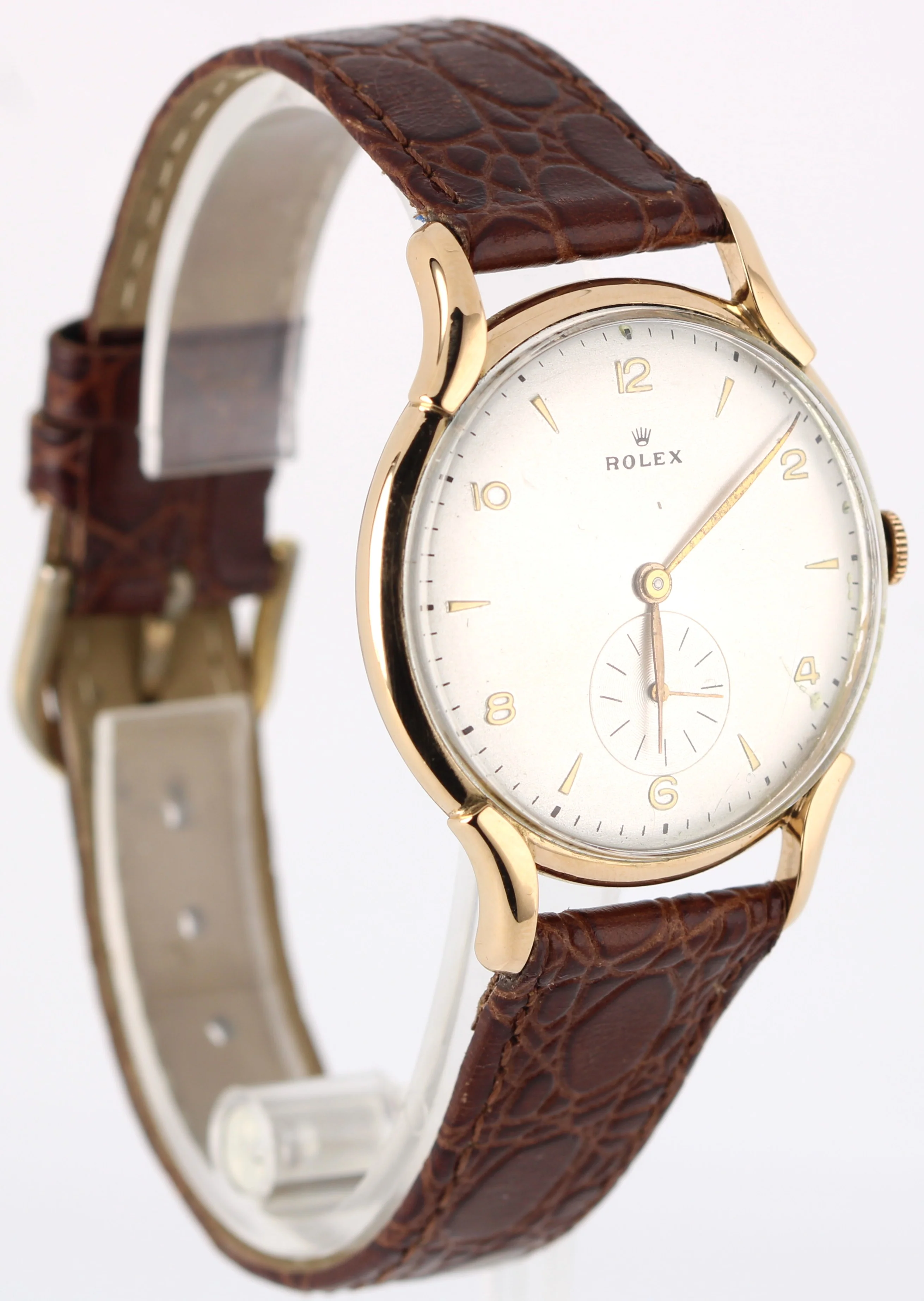 VINTAGE Rolex Precision 18k Rose Gold Silver 35mm Brown Leather Dress Watch - Image 4