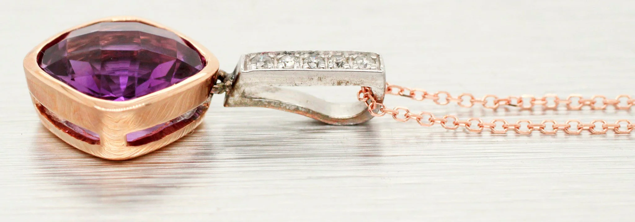 Vintage Square Amethyst & Diamond Pendant - 14k Rose Gold Necklace - 18" - Image 2