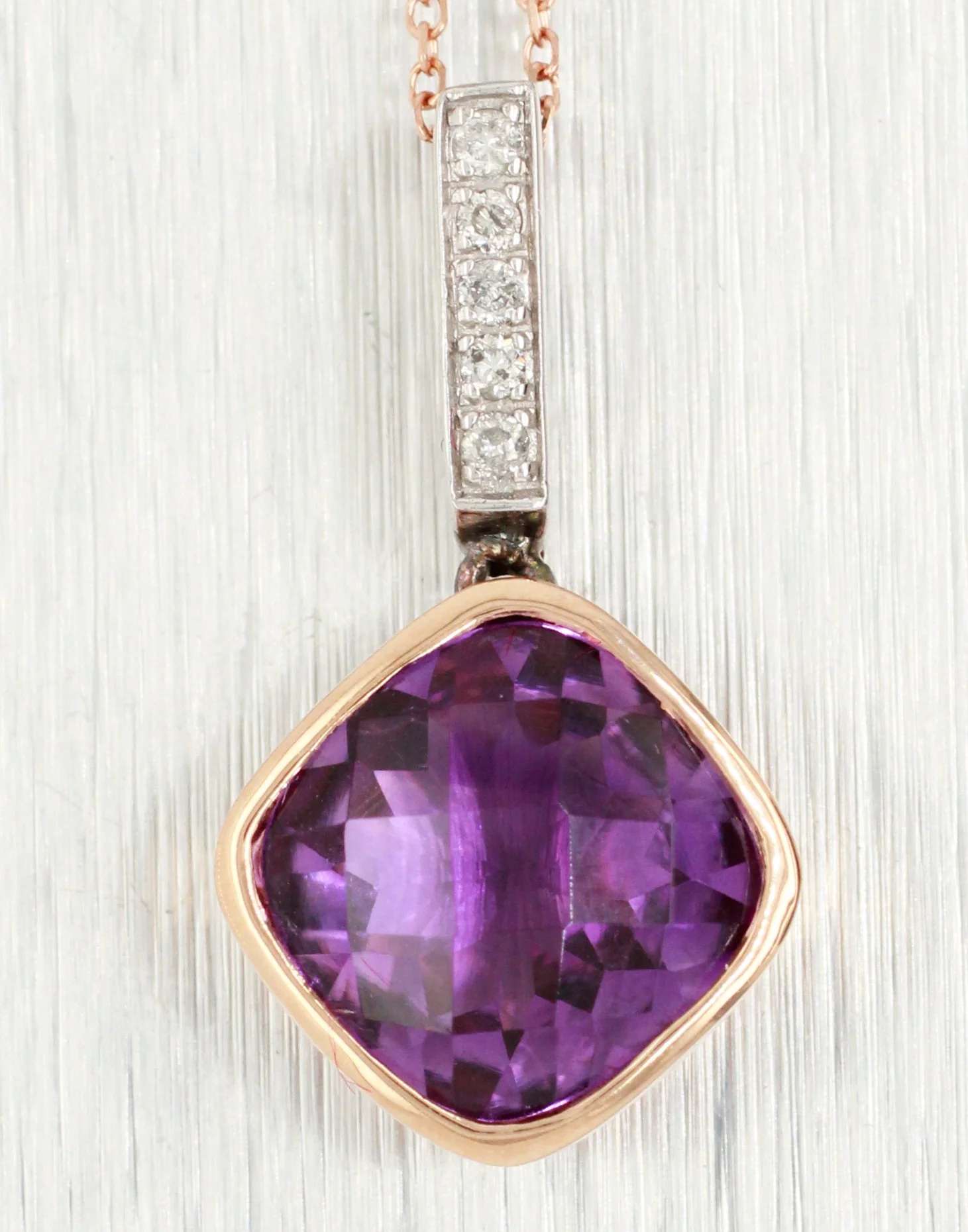Vintage Square Amethyst & Diamond Pendant - 14k Rose Gold Necklace - 18" - Image 3