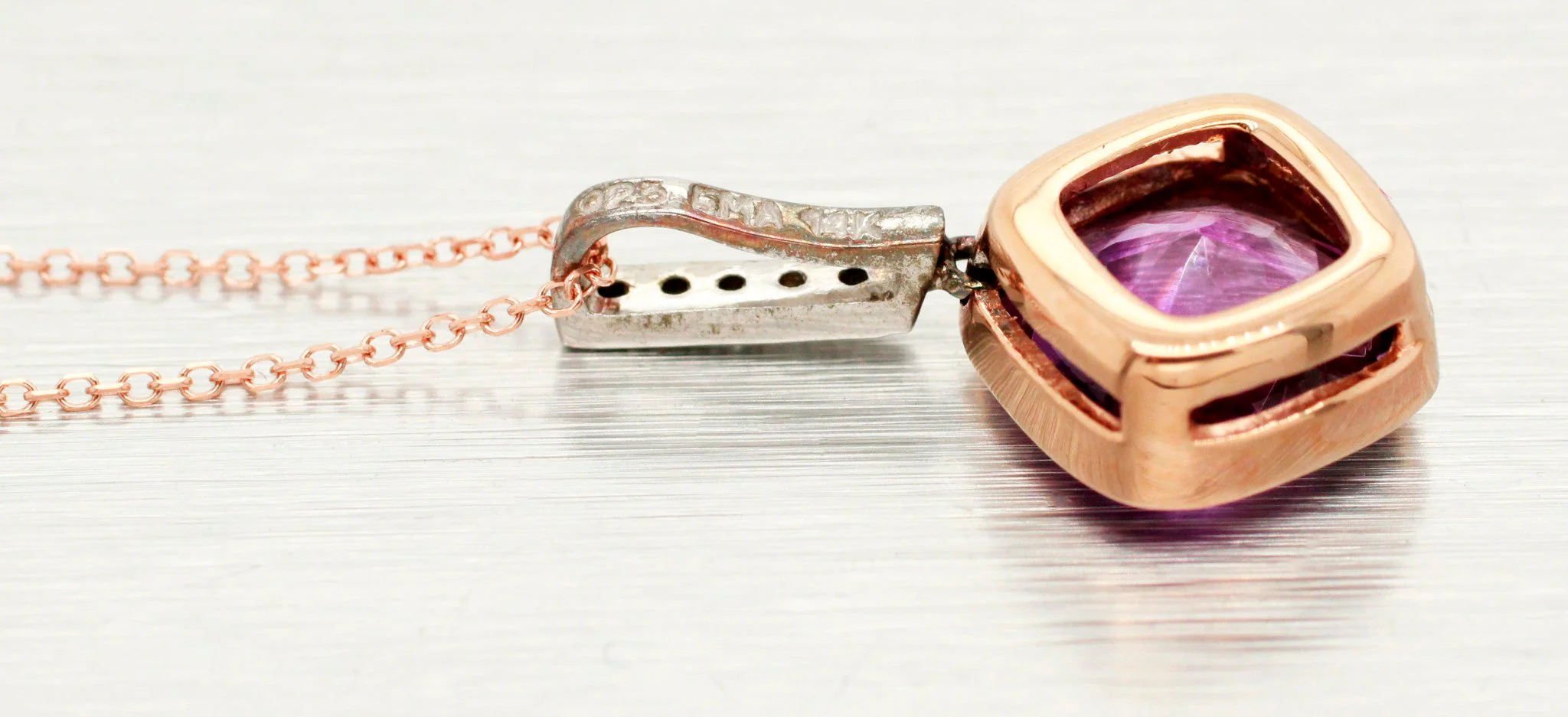 Vintage Square Amethyst & Diamond Pendant - 14k Rose Gold Necklace - 18" - Image 4