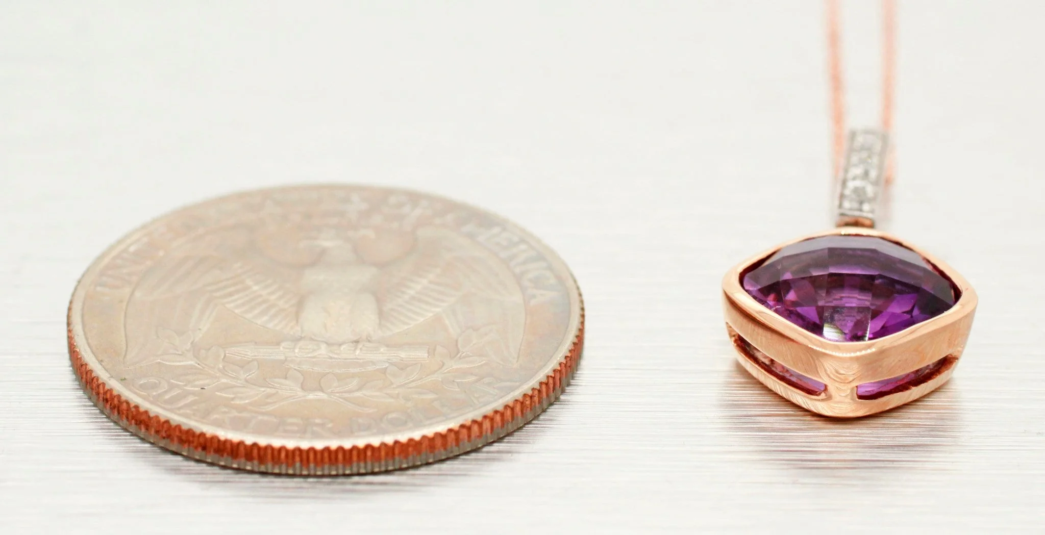 Vintage Square Amethyst & Diamond Pendant - 14k Rose Gold Necklace - 18" - Image 7