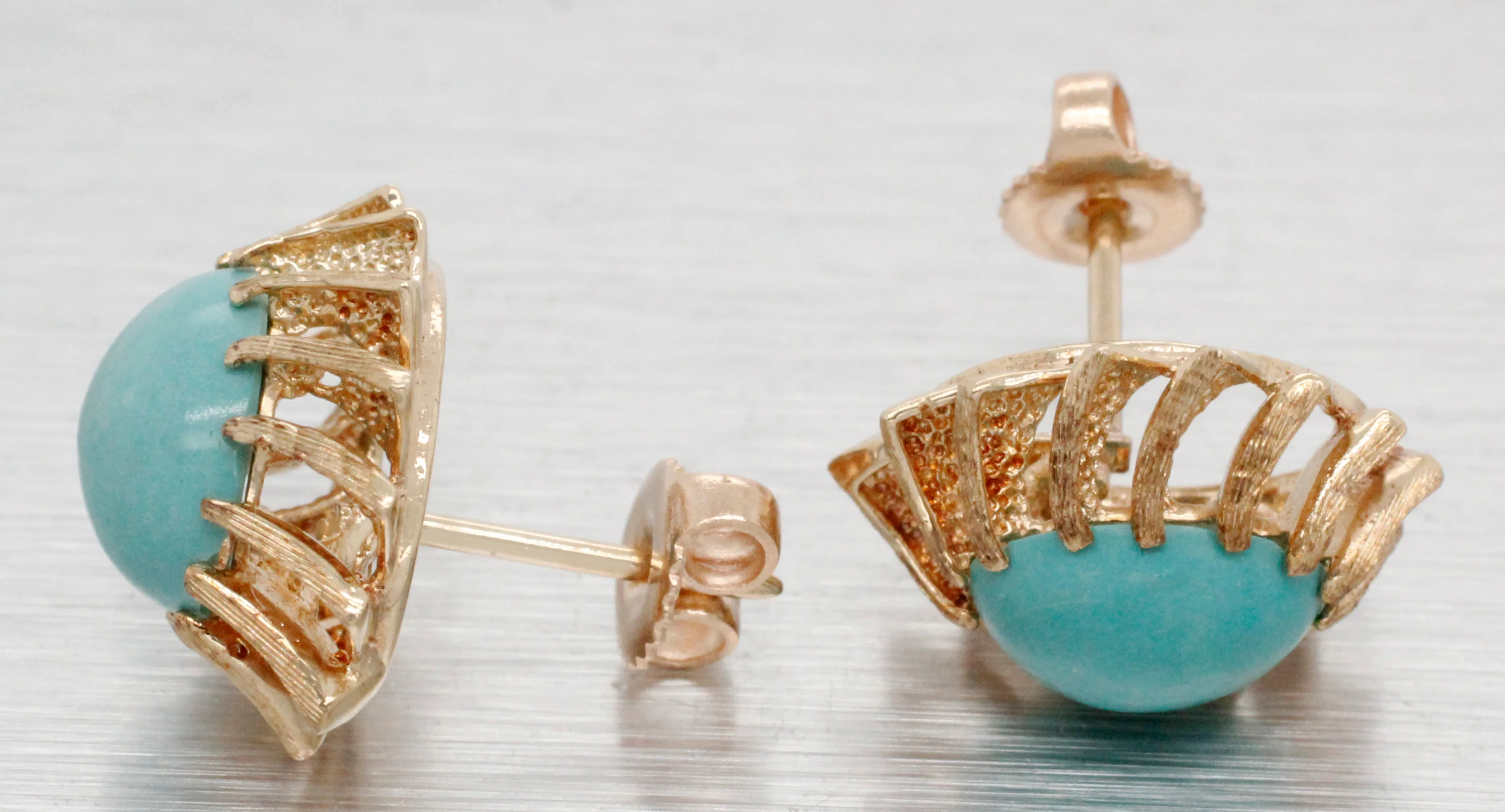 Vintage Turquoise Cabochon Stud Earrings - 14k Yellow Gold - Image 3