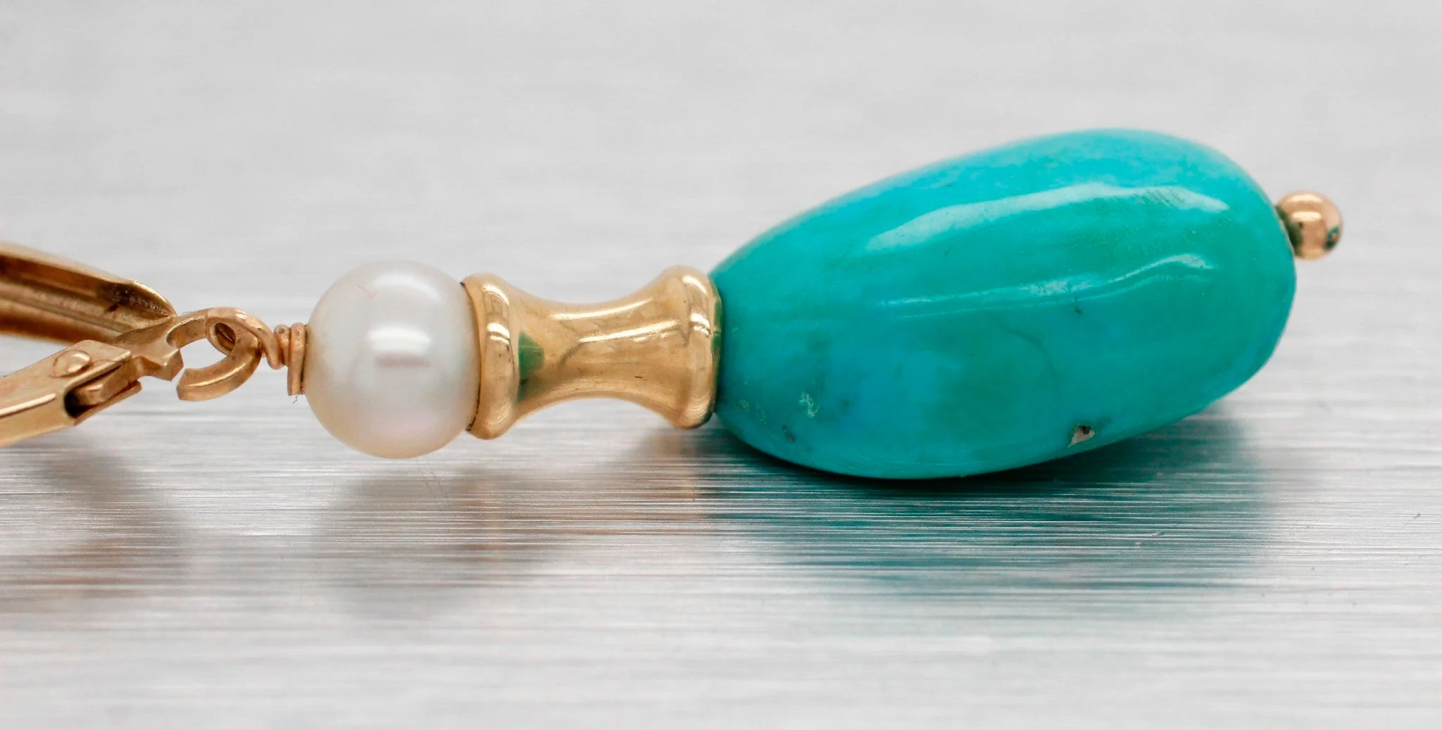 Vintage Turquoise Drop Dangle Earrings w/ Pearl Accents - 14k Yellow Gold - Image 3