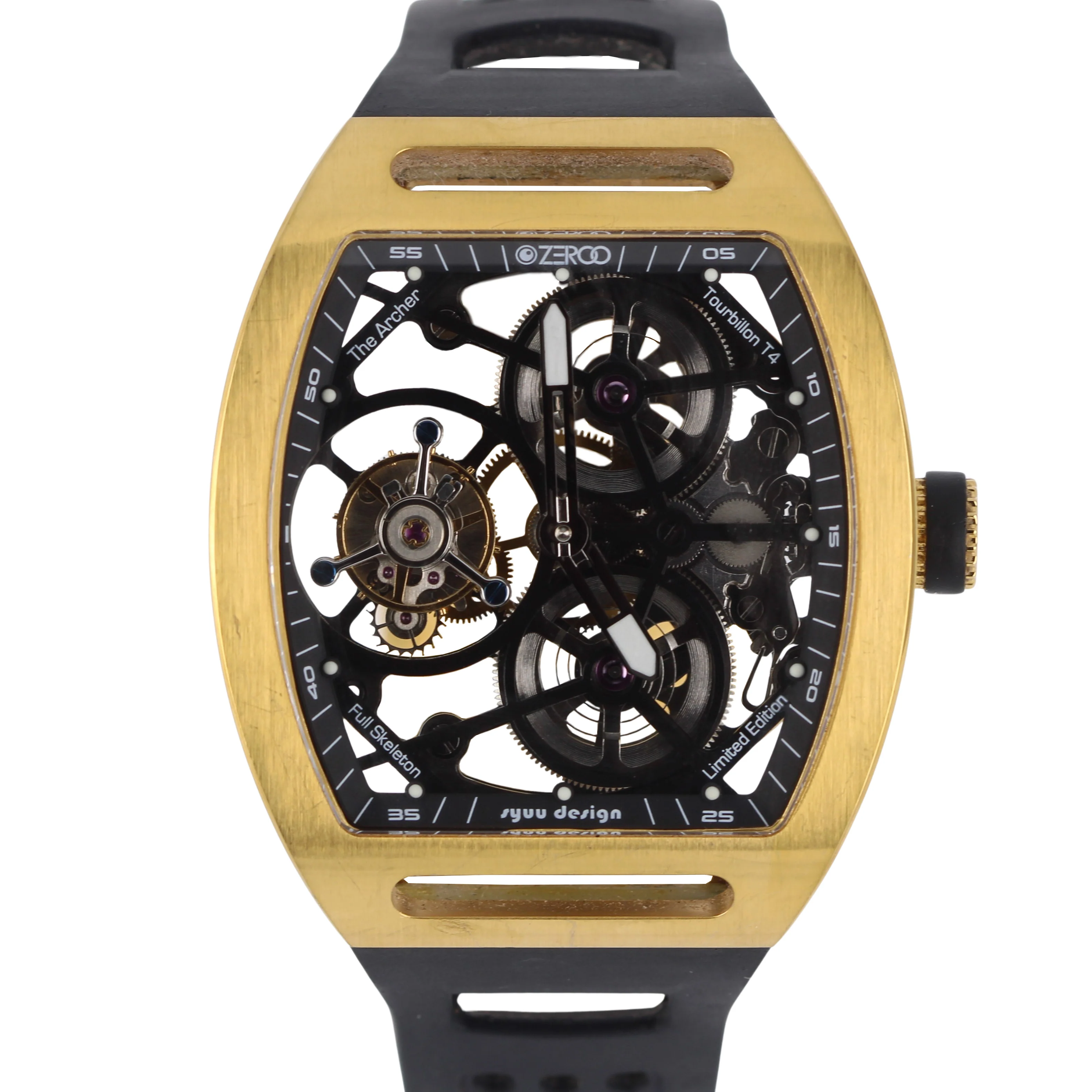 Zeroo Time T4 THE ARCHER Skeleton Tourbillon Gold Steel 41mm x 48mm Rubber Watch
