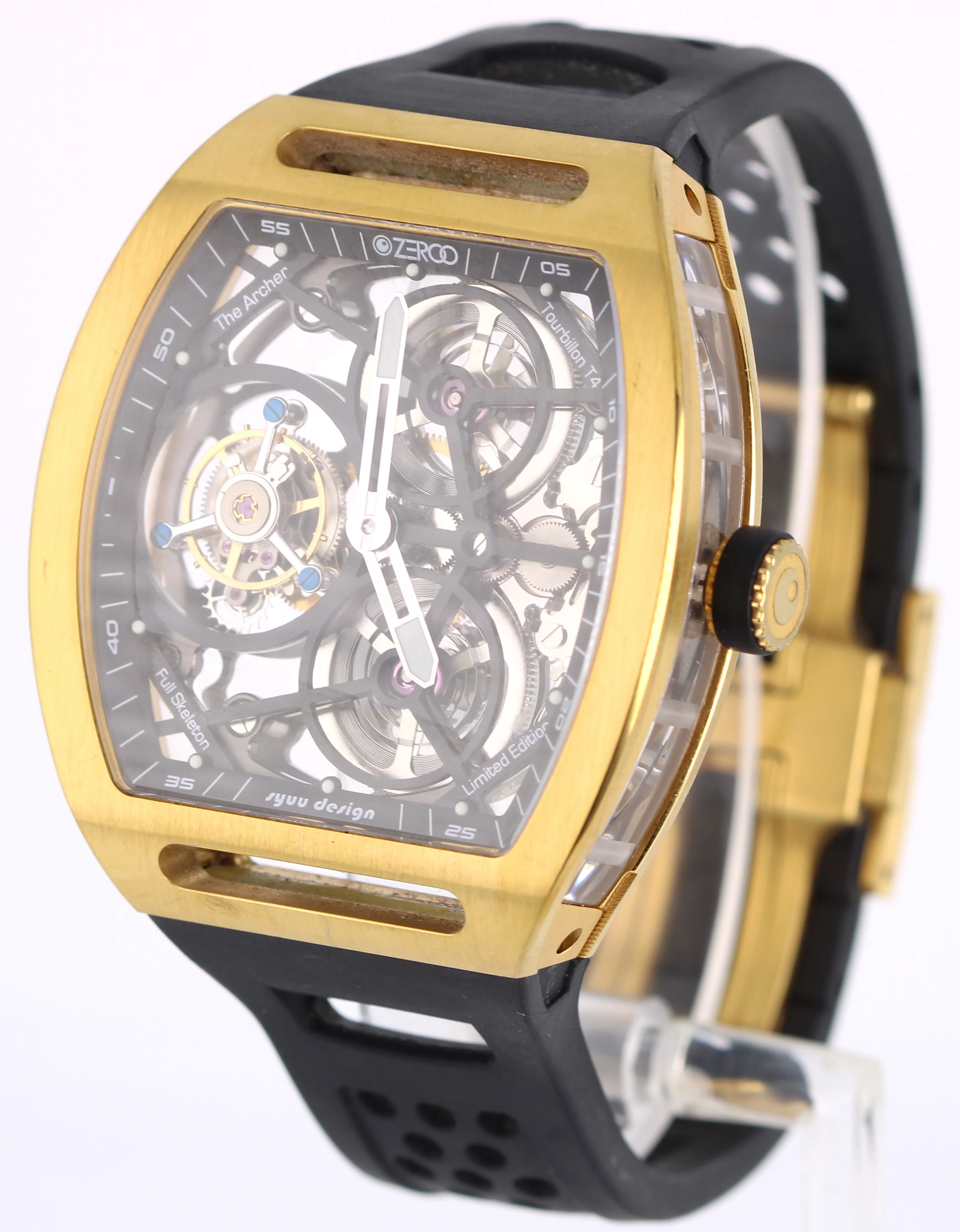 Zeroo Time T4 THE ARCHER Skeleton Tourbillon Gold Steel 41mm x 48mm Rubber Watch - Image 3